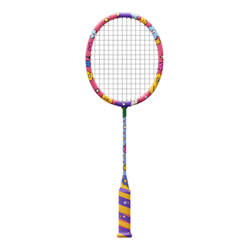 A cheerful badminton racket boasts a vibrant, hand-drawn design. Its pink frame is adorned with playful doodles, creating a fun and energetic vibe. png