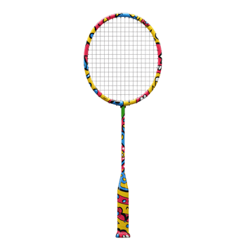 A cheerful badminton racket pops against a white background. Its frame and handle boast a playful, colorful design, evoking a fun and energetic mood. png