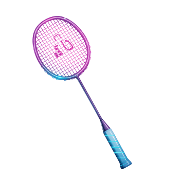A vibrant badminton racquet glows with neon pink and blue accents. Its sleek design and radiant colors create a dynamic and energetic feel. png