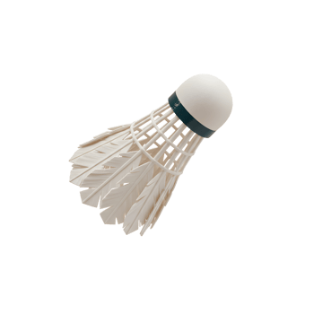 A pristine white shuttlecock zooms across a stark white background, its feathers blurred, capturing the energy and speed of a badminton game. png