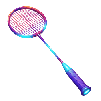 A stylish badminton racket shines with vibrant purple and blue hues, its neon glow adding a futuristic touch. The detailed design is eye-catching and dynamic. png