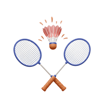 Two crossed badminton rackets await the next serve, a pink shuttlecock poised mid-flight. A cheerful, dynamic scene full of action. png