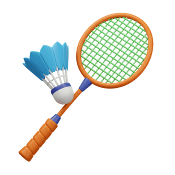 A cheerful 3D rendering showcases a vibrant orange badminton racket and a bright blue shuttlecock, ready for a fun game. The playful design is perfect for active lifestyles. png