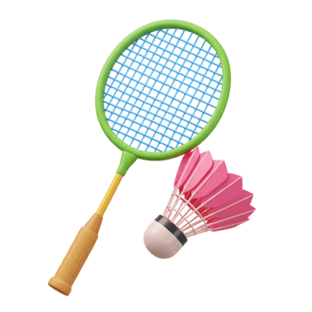 A cheerful 3D rendering showcases a bright green and yellow badminton racket alongside a pink shuttlecock, ready for a fun game. The image is lively and inviting. png
