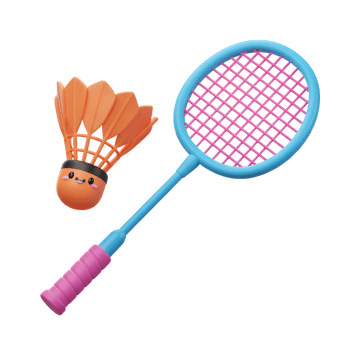 A cheerful orange shuttlecock with a cute face sits beside a vibrant blue and pink badminton racket. The 3D style creates a fun, playful mood. png