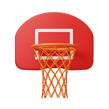 A vibrant red basketball hoop, rendered in a clean 3D style, stands out against a white background. The orange net adds a playful contrast. Simple yet striking png