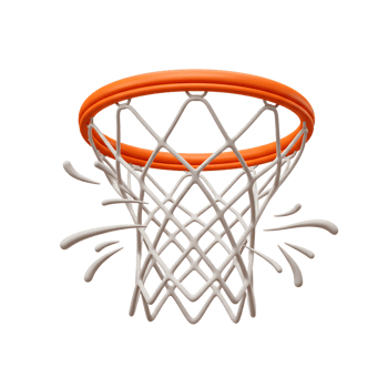 A dynamic basketball net design, with an orange rim and white net, features a stylized splash effect, creating a vibrant and energetic image. Clean lines and minimal aesthetic. png