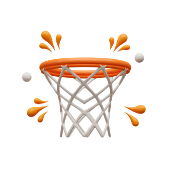 A cheerful 3D rendering of a basketball hoop, vibrant orange rim, and playful splashes add a fun, energetic mood. Two balls near the net png