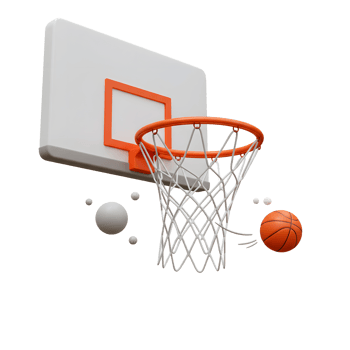 A basketball swishes through the net of a minimalist orange and white hoop. Clean lines, bright colors, dynamic action png