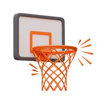 A vibrant orange basketball hoop, rendered in a playful 3D style, stands ready for action. The bright color pops against the clean white background, creating a fun, energetic mood. png