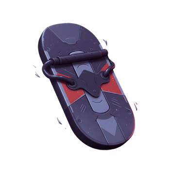 A dark, futuristic hoverboard floats, its sleek design hinting at speed and adventure. Red accents add a touch of intensity to the scene. png