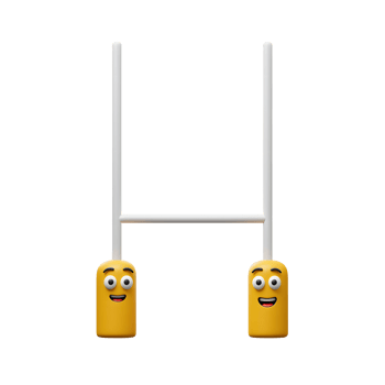 Smiling emoji faces adorn the base of a simple white rugby goalpost, creating a fun and lighthearted 3D image. Pure joy png