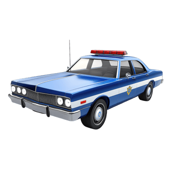 A blue and white vintage police car with flashing lights png
