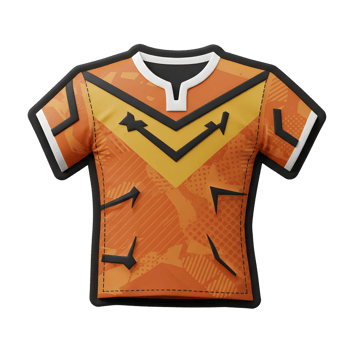 A vibrant orange rugby jersey features a striking yellow and black geometric pattern. The bold design is eye-catching, creating a dynamic and energetic feel. png