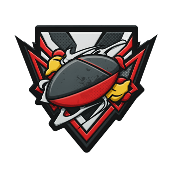 A powerful mascot fiercely clutches a rugby ball within a bold, geometric emblem. Red and black color scheme creates a dynamic, energetic feel. png