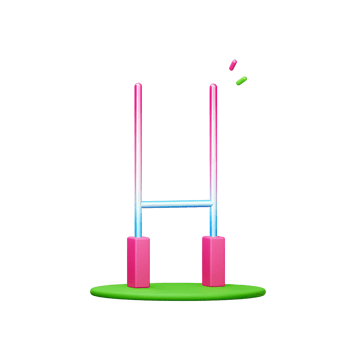 A vibrant, minimalist 3D rendering showcases pastel pink rugby goalposts on a green field, with tiny colorful shapes playfully floating nearby. Ethereal and fun png