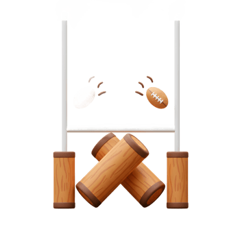 Two rugby balls soar towards the goalposts, set against a backdrop of charming wooden posts. A playful 3D rendering evokes a fun, sporty atmosphere. png