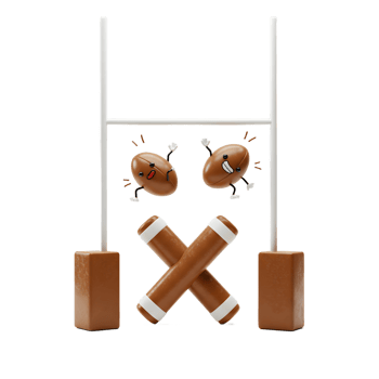 Two happy rugby balls playfully score a try Brown, cartoonish characters leap over the posts in a lighthearted, fun scene. png