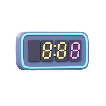 A fun, retro-style digital clock showcases bright, pastel numbers within a neon-blue frame. The 3D design adds a playful touch. png