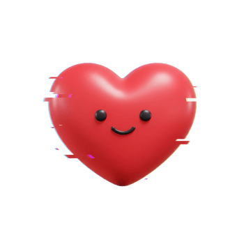 A cheerful, red 3D heart smiles against a white background. A subtle glitch effect adds a touch of playful digital art. Pure joy png