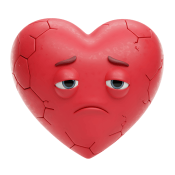 A 3D-rendered cartoon heart, cracked and showing sadness. Its red surface is textured, and its melancholic expression evokes empathy. png