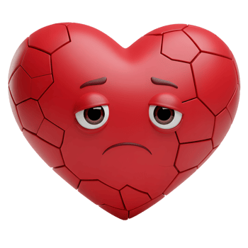 A cracked, red heart emoticon sadly looks down, its polygon-like surface reflecting a melancholic mood. Broken, yet visually captivating. png