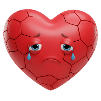 A shattered red heart weeps blue tears, conveying sadness and heartbreak in a cute, cartoonish style. Its polygonal texture adds a unique visual element. png