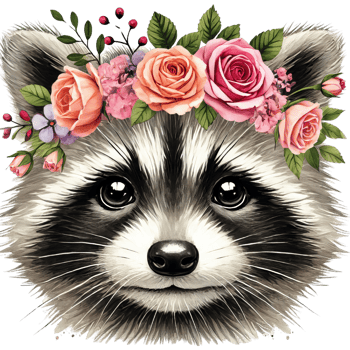 Raccoon portrait with floral crown of roses and greenery in watercolor style close up illustration png