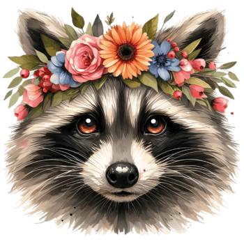 Raccoon portrait with flower crown digital art featuring soft colors and detailed fur texture close up view png