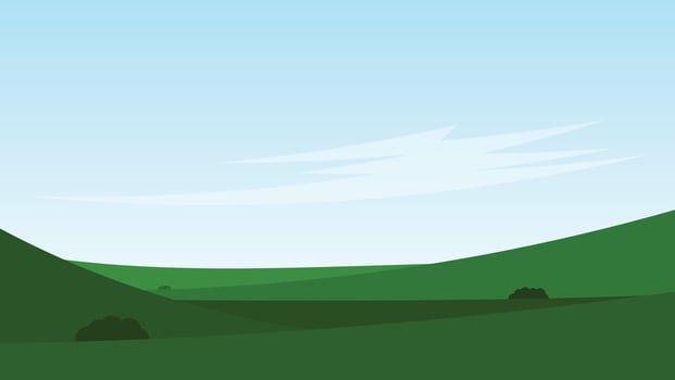 green field with hill and blue sky. nature landscape cartoon scene background vector