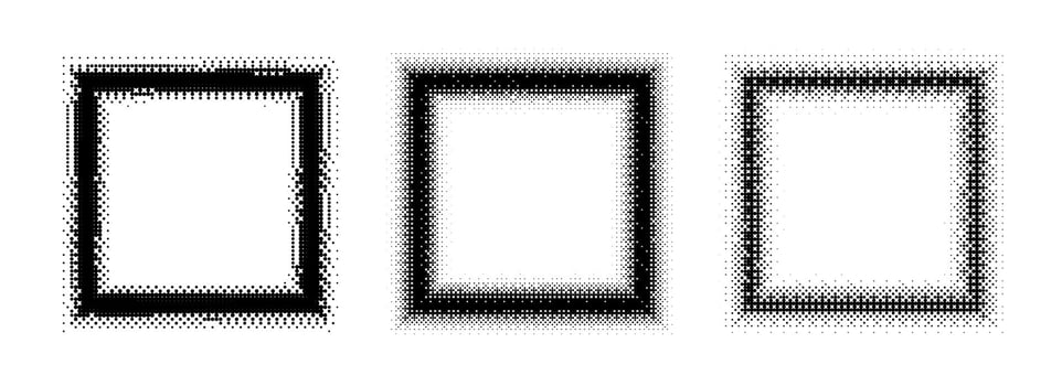Black halftone square frame set. Dotted 8 bit gradient border collection. Pop art comic picture holder design for banner template, emblem, poster, box, copy space. Raster videogame element pack vector