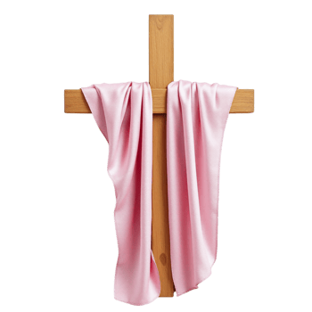 A wooden cross with a pink cloth draped over it png