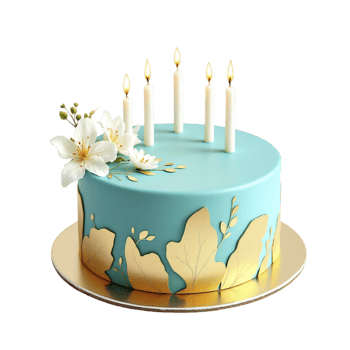 A blue cake with gold decorations and candles png