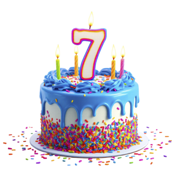 A birthday cake with seven candles and sprinkles png