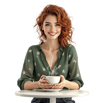 A woman with red hair sitting at a table with a cup of coffee png