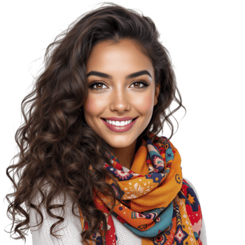 A beautiful young woman with long curly hair wearing a colorful scarf png