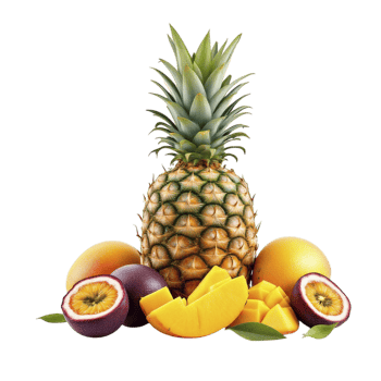 A pineapple, mango and other fruits are arranged on a black background png