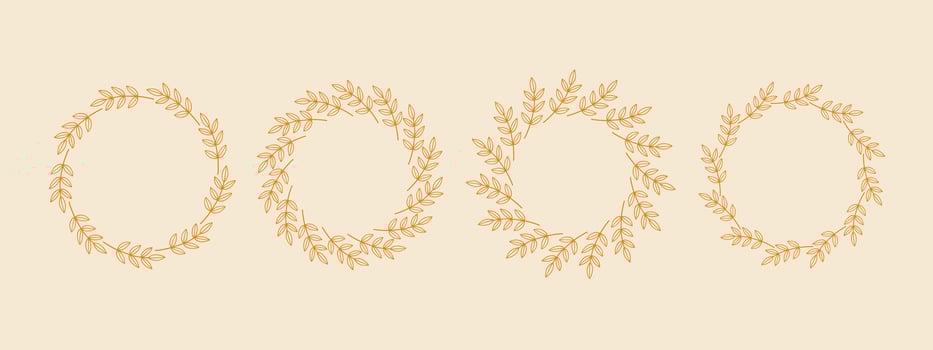 Simple yellow flower circle frame set. Hand drawn round line border, leaves and flowers, wedding invitation and cards, logo design and posters template. Elegant minimal style floral isolated set vector