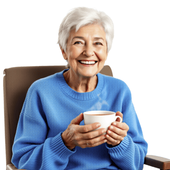 An older woman is sitting in a chair and holding a cup of coffee png