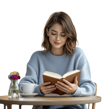 A woman is reading a book while sitting at a table png