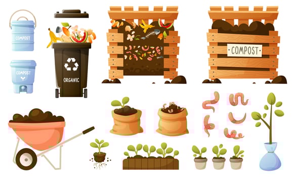 set on the topic of organic compost, eco gardening, composting, agriculture. Compost bin, bag with soil, food waste, worms, container, bucket for composting in the apartment. vector