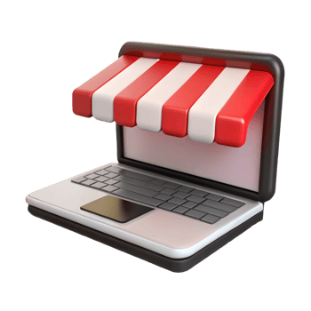 3D laptop with a red and white striped awning symbolizing online shopping or e-commerce on a transparent background png