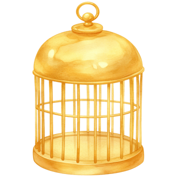 A golden birdcage with a dome-shaped top and vertical bars, featuring a circular handle on top. png