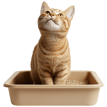 A curious orange tabby cat sits upright in a litter box, gazing upwards with wide eyes. png