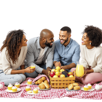 A group of people sitting on a picnic blanket with fruit and drinks png