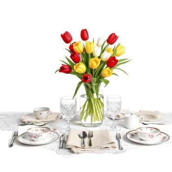 A table with a vase of tulips and a table cloth png