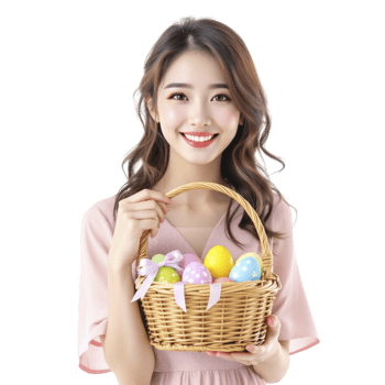 A woman holding a basket with colorful eggs png