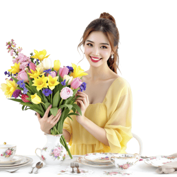 A woman in yellow dress holding a bouquet of flowers png