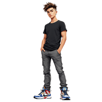 A young man in black shirt and gray jeans png