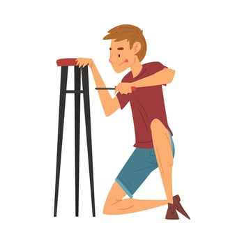Man Assembling and Installing New Furniture with Screwdriver, Manual Furniture Assembly Illustration vector